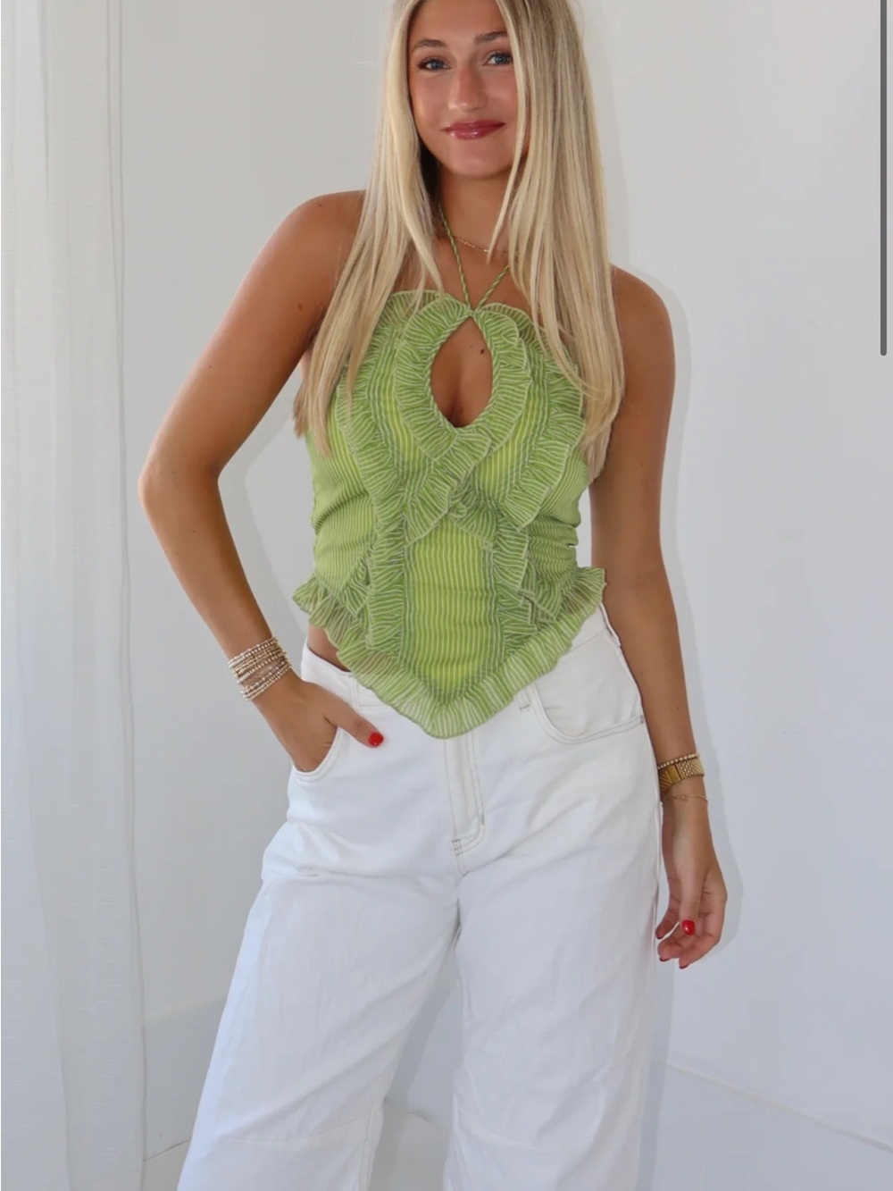 Green Ruffled Halter Top with Keyhole Detail